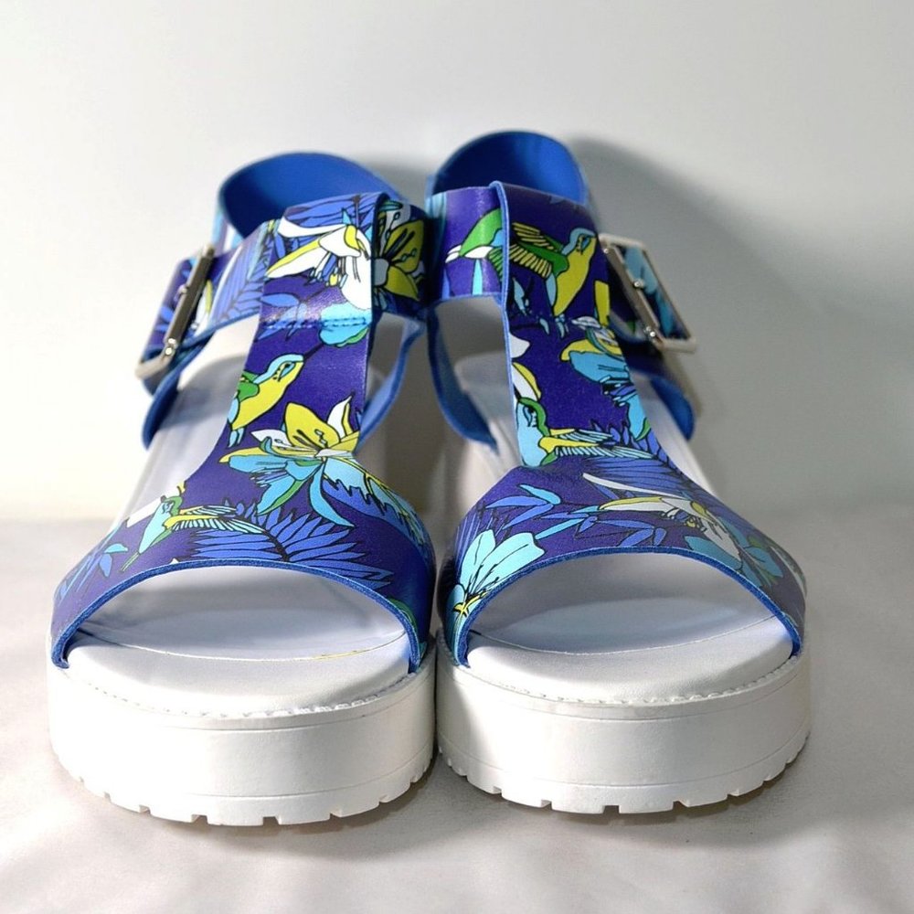 Breckelles T Strap Floral Print Sandals Faux Leather